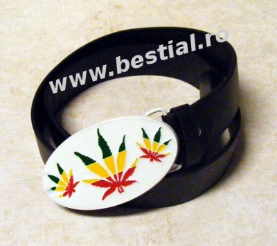 Curea imitatie piele neagra cu catarama ovala Cannabis (JHN)