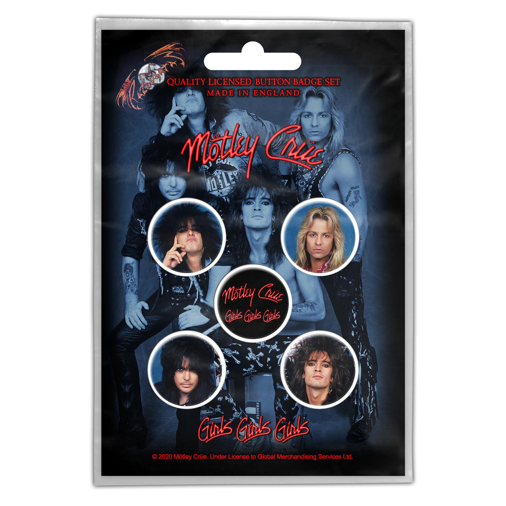 Set 5 insigne MOTLEY CRUE - Girls, Girls, Girls