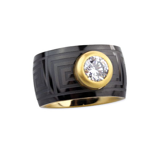 SR1031 Inel de inox Meander with zirconia, black inside gold